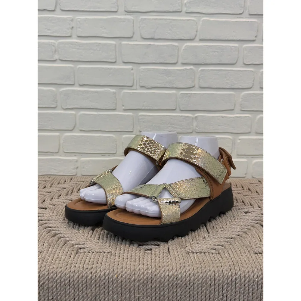 Aerosoles Metallic Snake-Embossed Platform Sandals Gold Tan Size 7